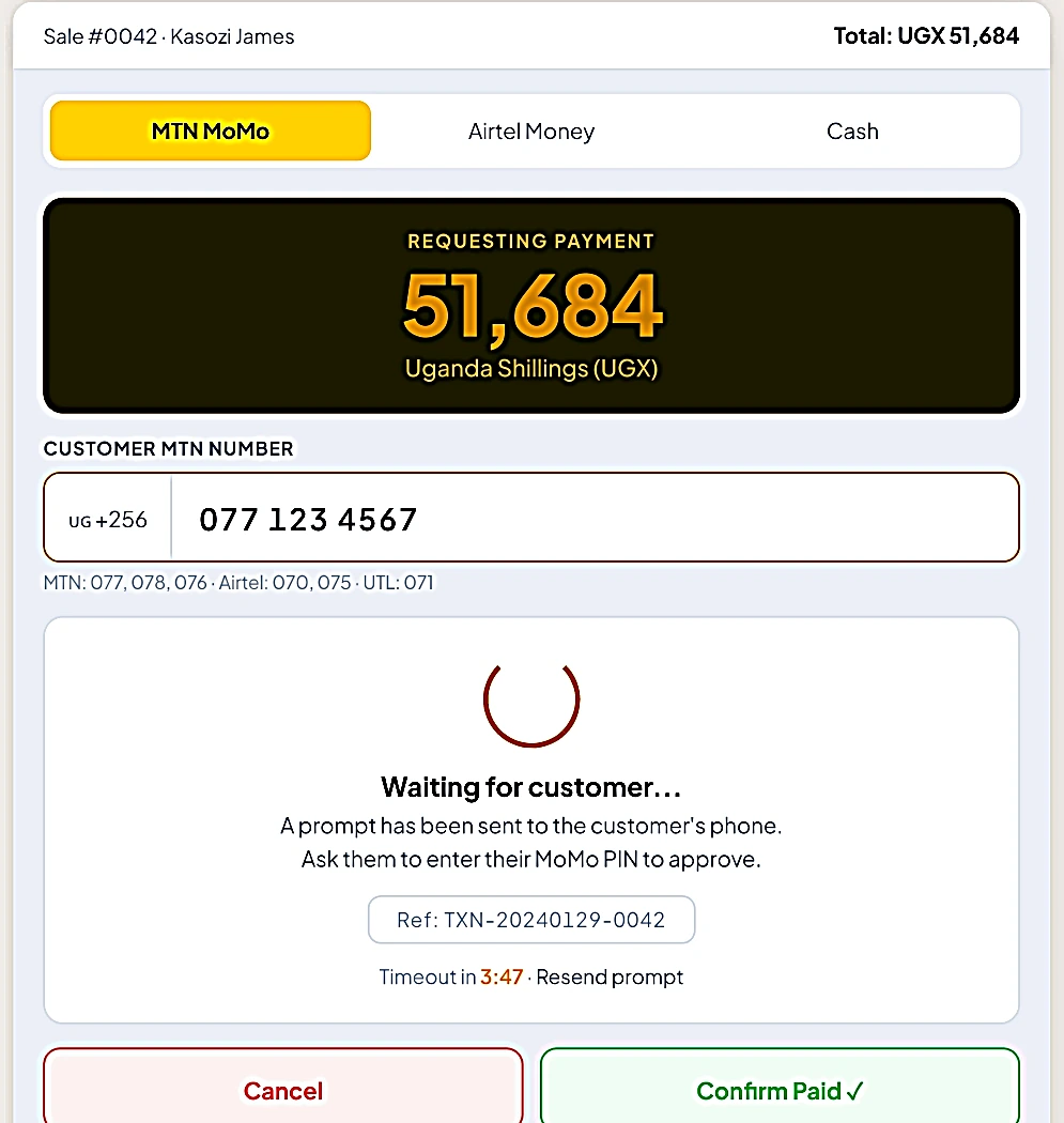 SmarterPOS MTN MoMo payment confirmation screen waiting for customer approval