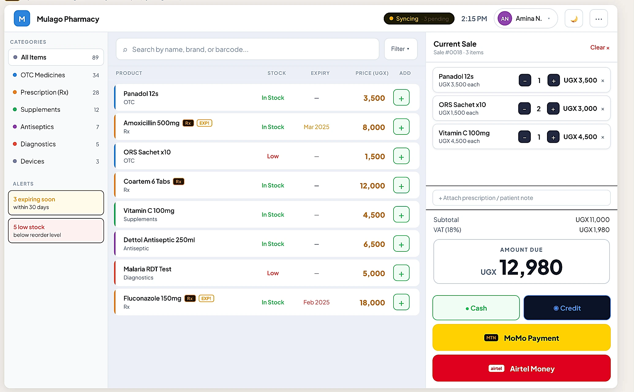 SmarterPOS pharmacy catalog screen showing prescription and expiry badges on medicine products